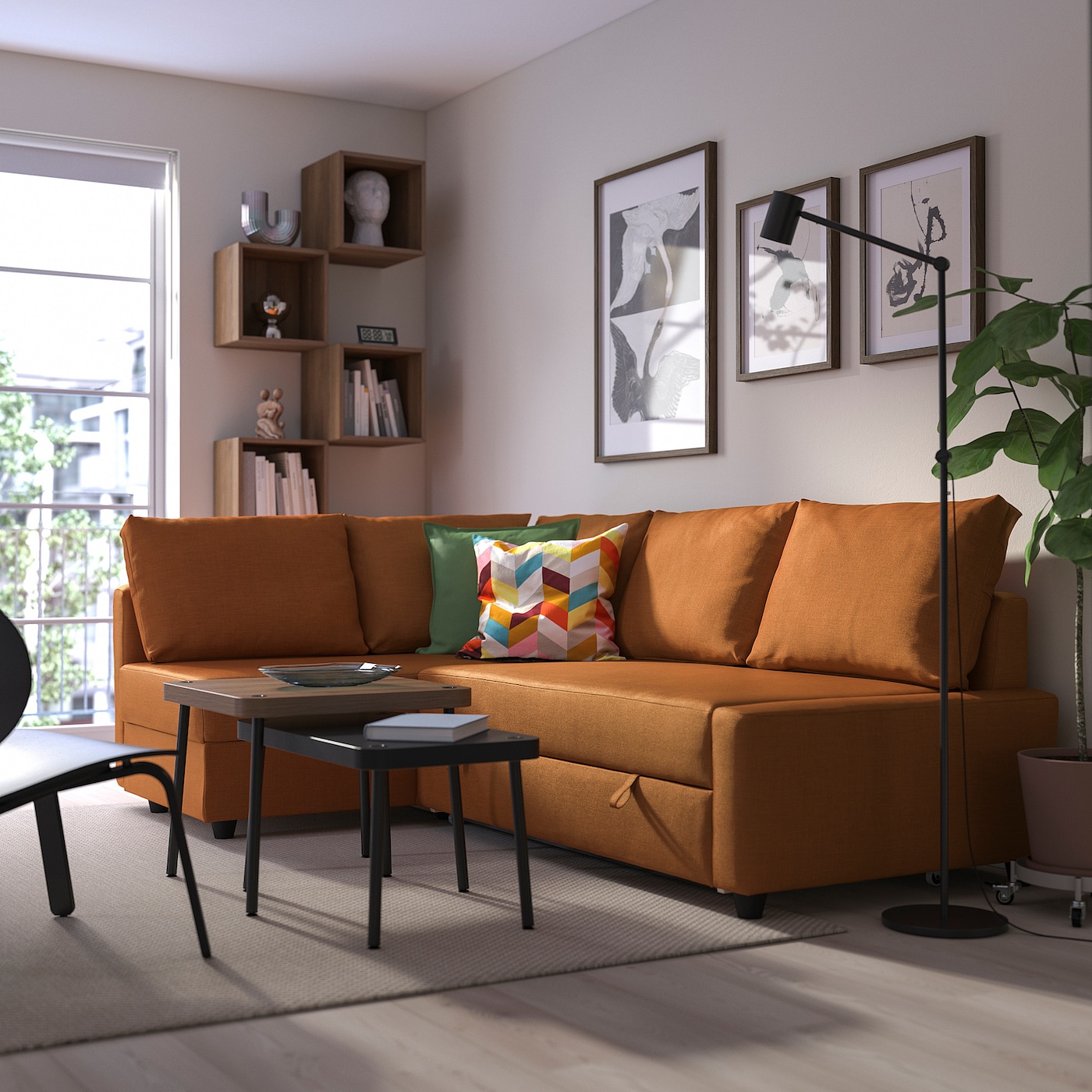 FRIHETEN IKEA 795.170.57 Угловой диван с функцией сна, с дополнительными подушками спинки/Faringe коричнево-оранжевый