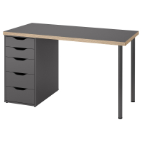 Biurko ikea LAGKAPTEN w kolorze szarym z czterema szufladami. Ma prostokątny blat, metalowe nóżki i drewniane uchwyty.