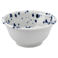 Biała okrągła miska, niebieska bryzgowa, ceramiczna.