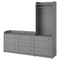 Szary zestaw do przechowywania HAUGA z komodą i szafą, zapewniający dużo miejsca do przechowywania z 6 szufladami i miejscem do zawieszania, elegancki, nowoczesny design.