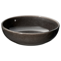 Misa ceramiczna szkliwiona w kolorze ciemnoszarym, okrągła i płytka, o nowoczesnym designie.
