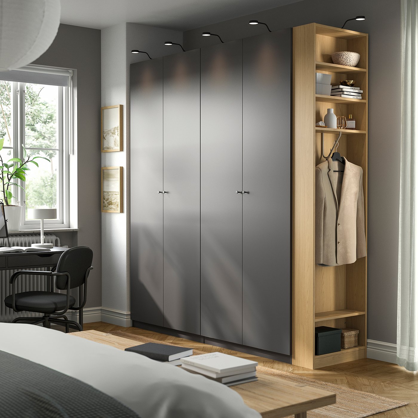 PAX / FORSAND Kombinacja szafy, ciemnoszary ciemnoszary/imit. dębu, 220x60x236 cm