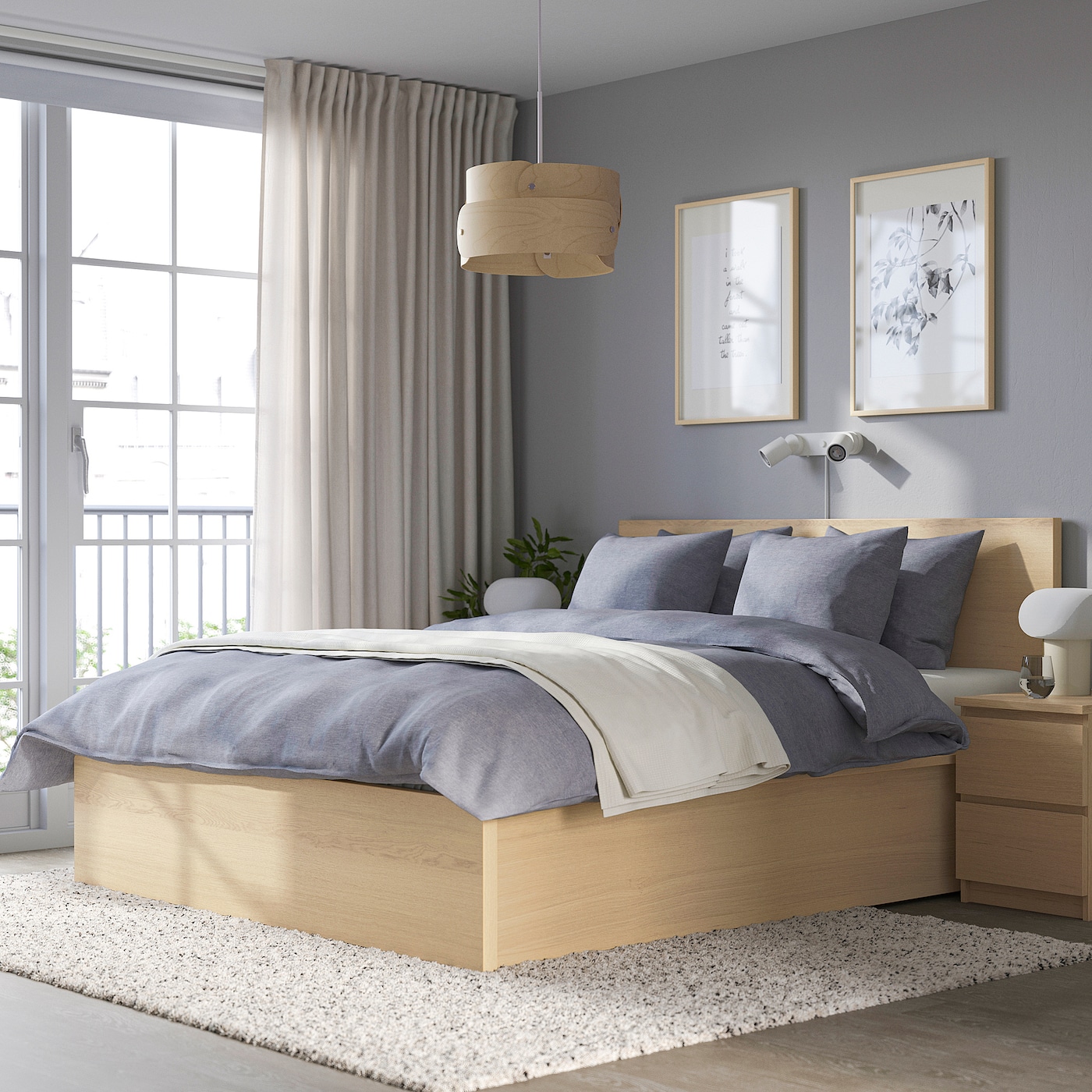 MALM Кровать с ящиком дубовый шпон беленый 180x200 см
