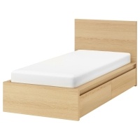 MALM Каркас кровати+2 кроватных ящика, дубовый шпон, беленый 90x200 см